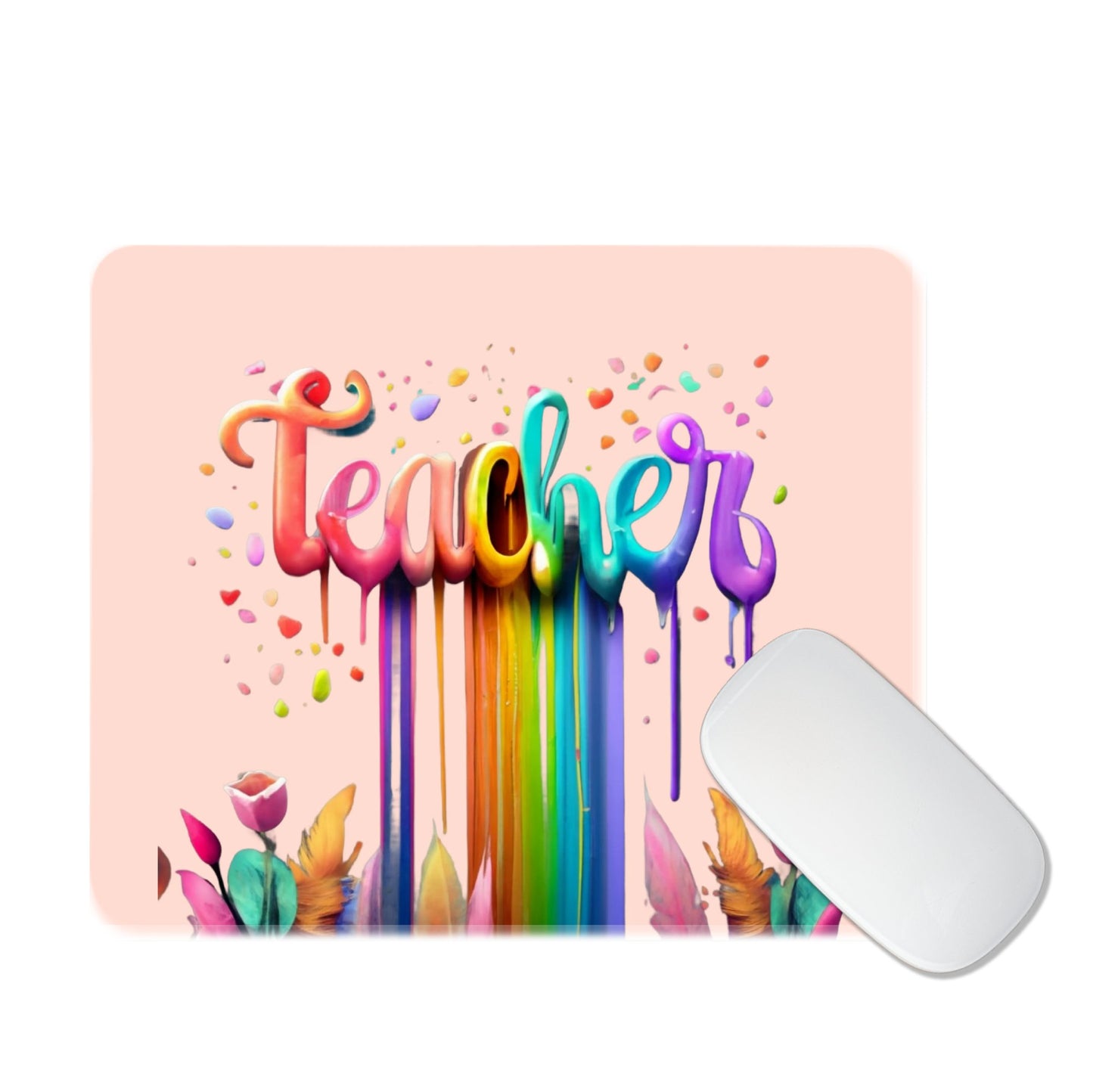 Mouse pad with colorful 'Teacher' design on a pink background. magnetic switch rapid trigger gaming keyboard. Axis-Dynamics