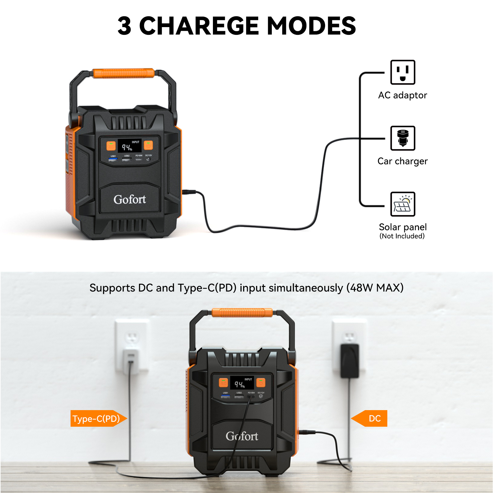Gofort power station with charging modes diagram on a white background