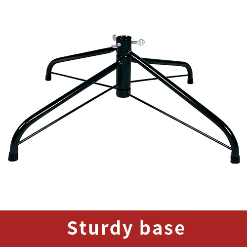 Black metal tree stand with 'Sturdy base' text on a white background