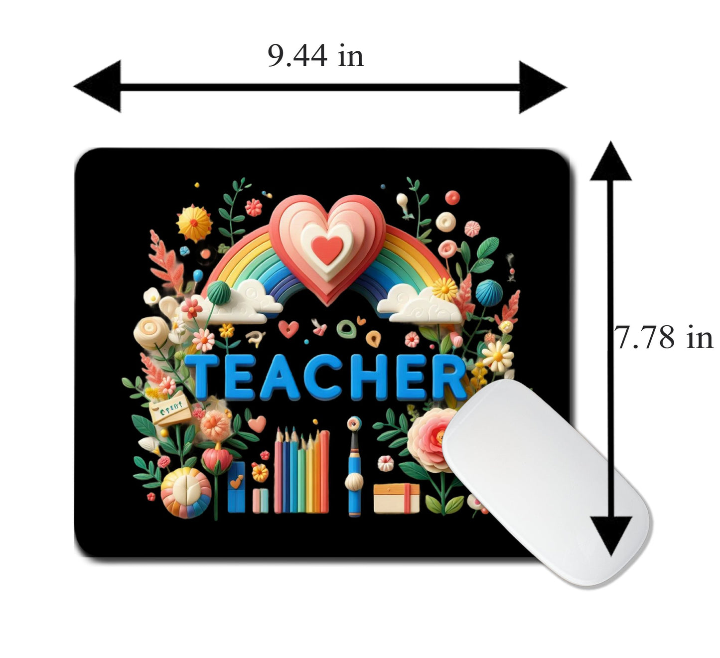 Mouse pad with 'TEACHER' text and rainbow design, shown with dimensions and a mouse for scale. multi device wireless keyboard and mouse combo. Axis-Dynamics