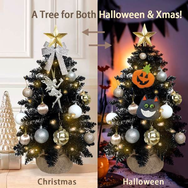 Two Christmas trees with Halloween decorations side by side, showing versatility.