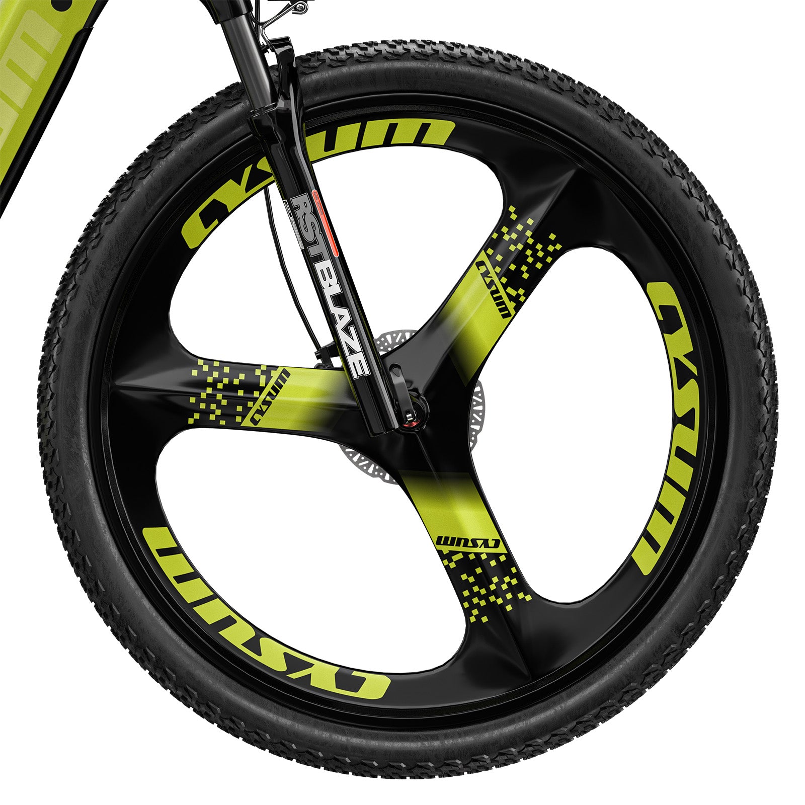 Close-up of a bicycle wheel with visible branding on a white background
