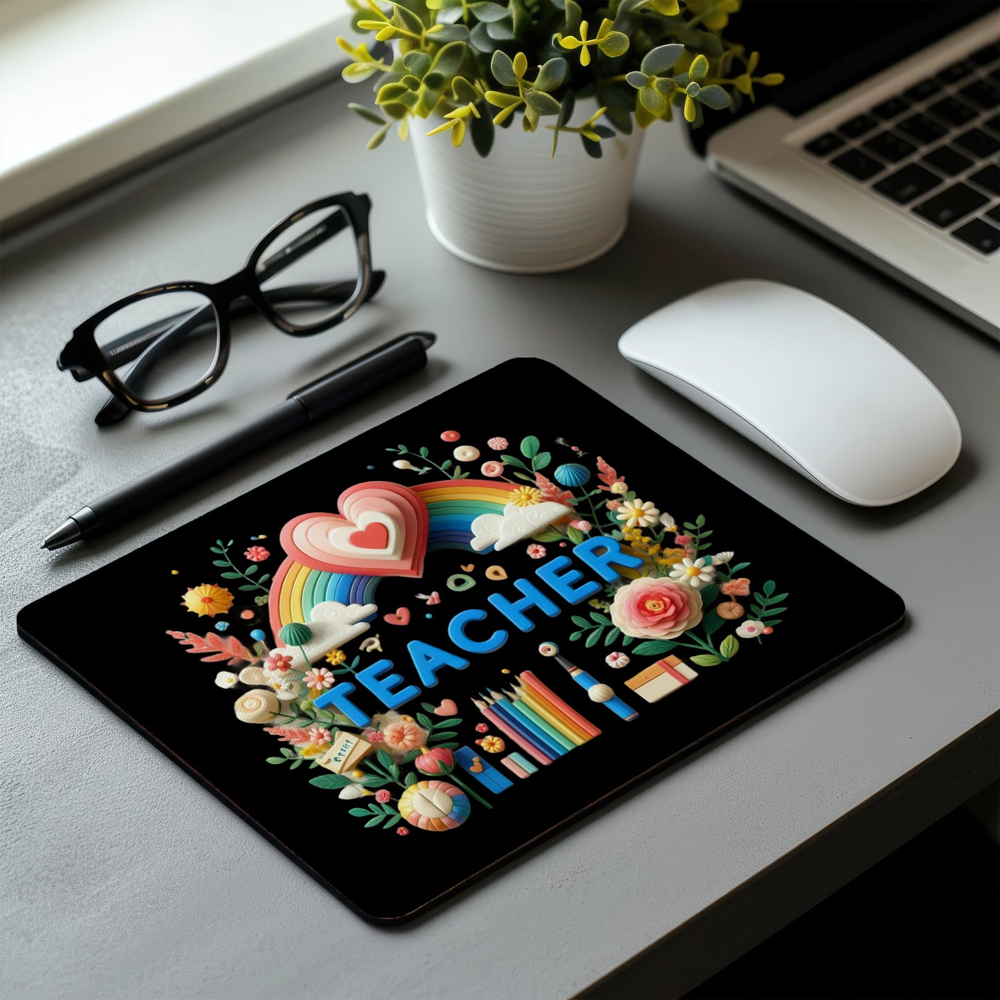 Desk setup with a decorative mouse pad featuring 'TEACHER' text, surrounded by a pen, glasses, plant, and laptop. multi device wireless keyboard and mouse combo. Axis-Dynamics