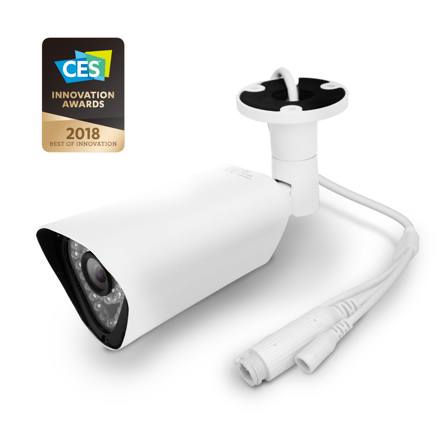 White security camera with CES Innovation Award badge on a white background