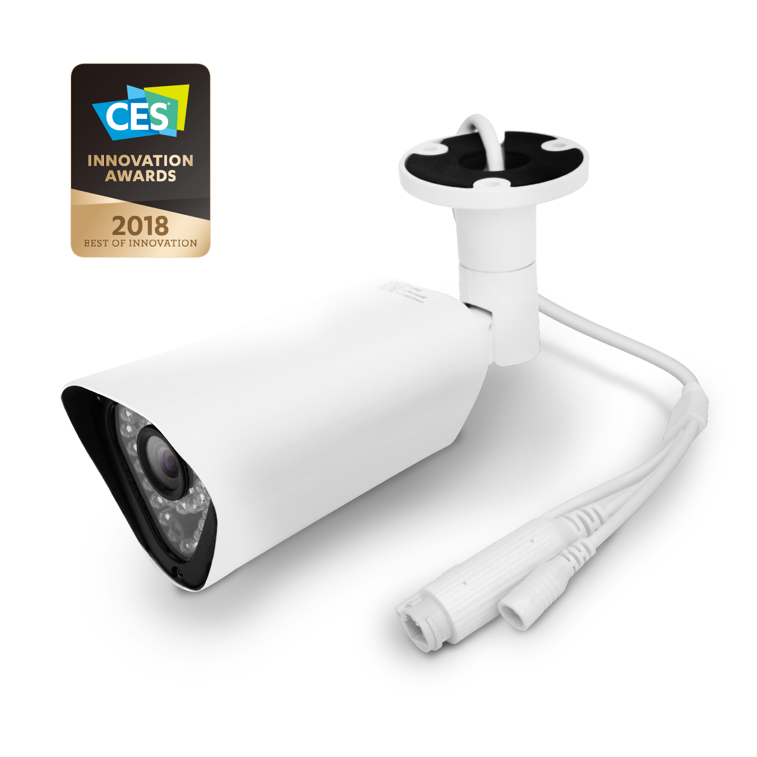 White security camera with CES Innovation Award badge on a white background