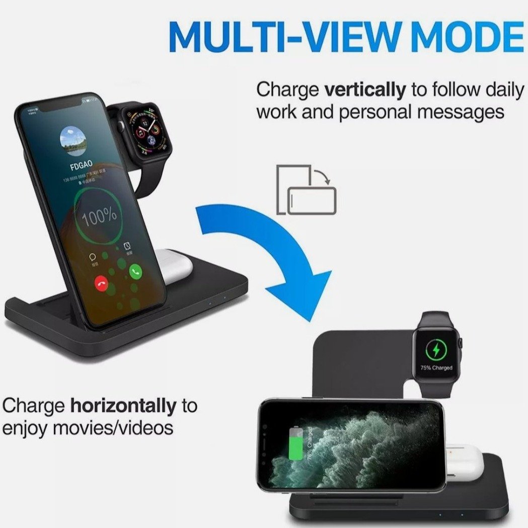 Multi-device charging station with smartphone and smartwatch on a white background