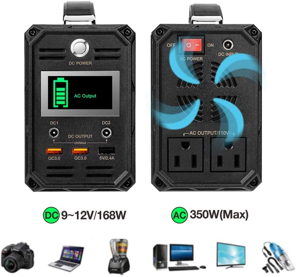 Two power inverters with display and AC output sockets, showing power specifications and compatible devices.