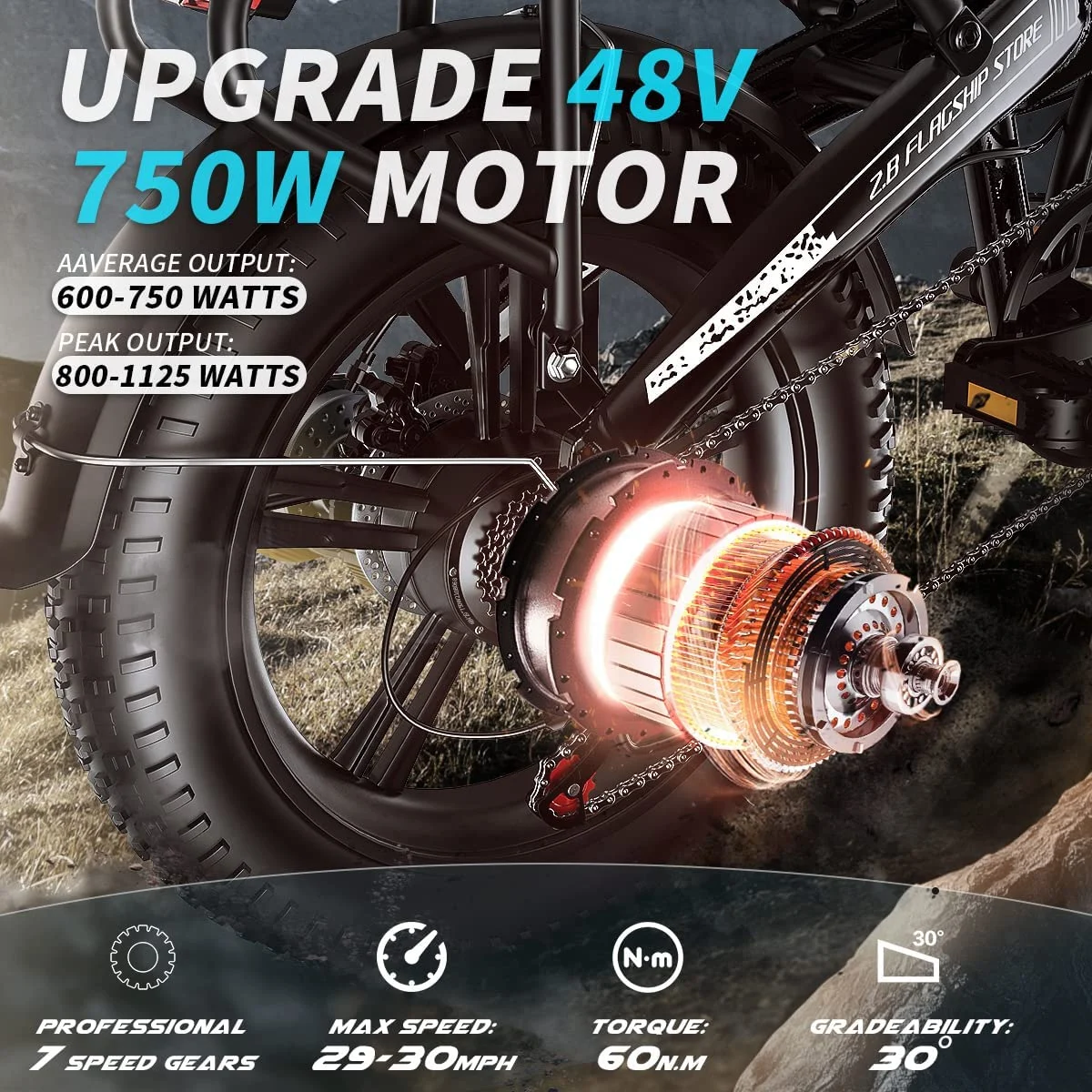 Electric bikes for hilly terrain with strong torque Electric Bike 750W Motor Fat Tire Ebike with Samsung 48V Battery | Axis-Dynamics