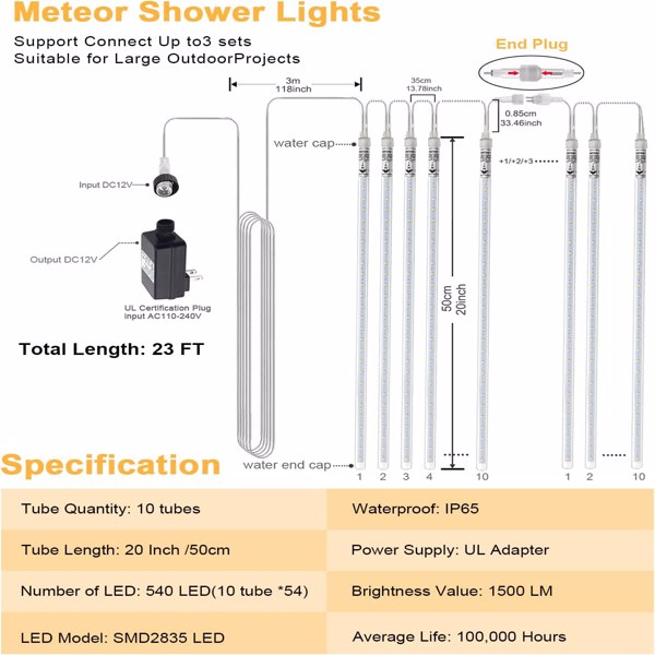 Axis-Dynamics | 50cm Lights Meteor Shower Rain 10 Tube Xmas Snowfall Tree Light