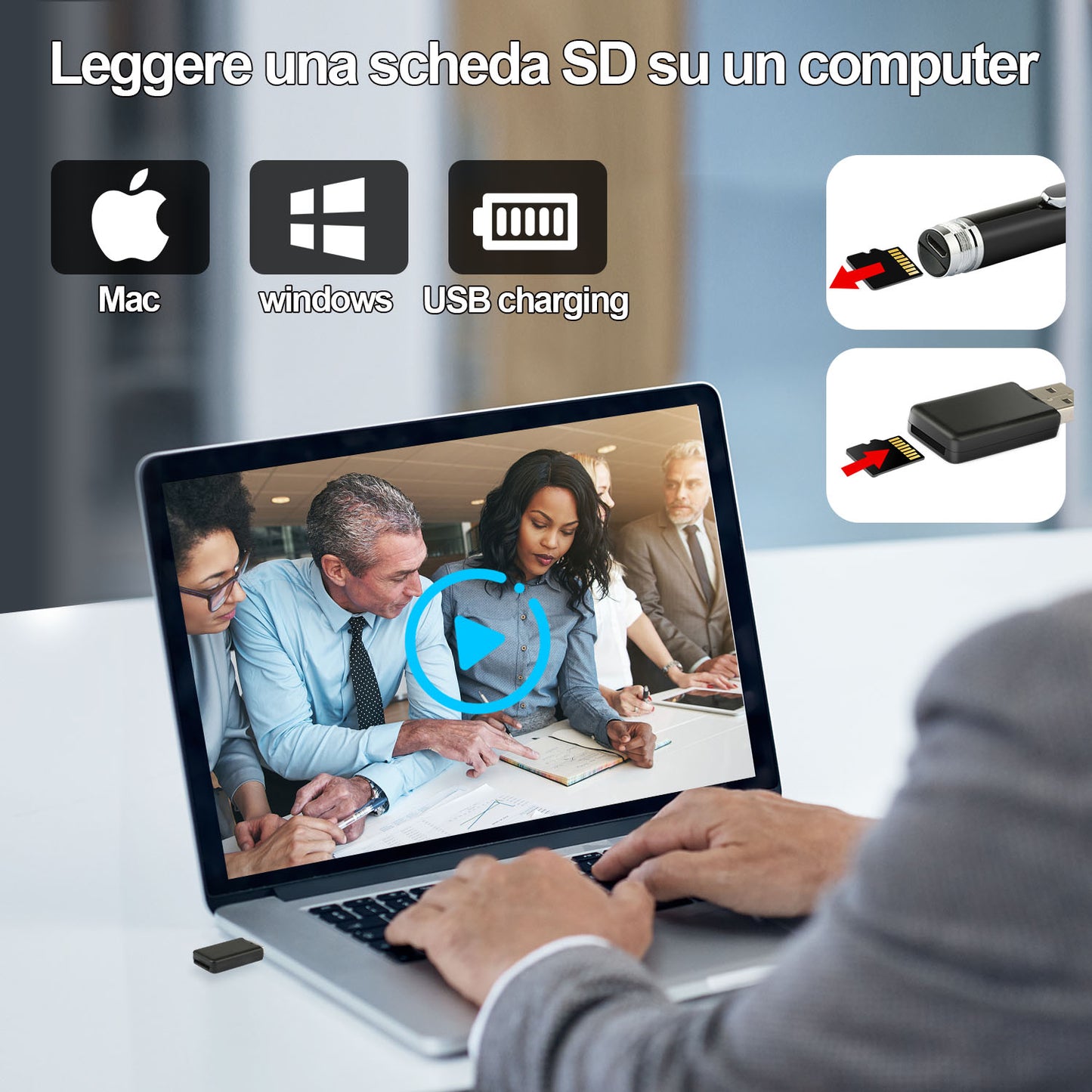 Person using a laptop with a video call on screen, surrounded by Apple, Windows, and USB charging icons.