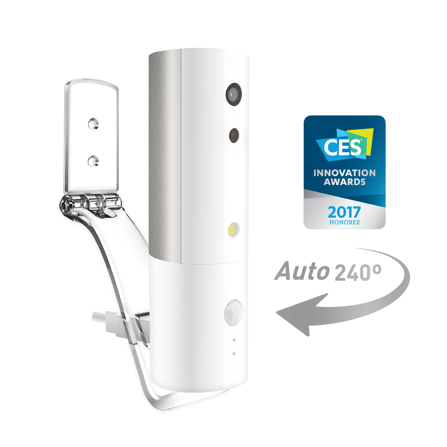 White electronic device with a CES Innovation Award badge on a white background