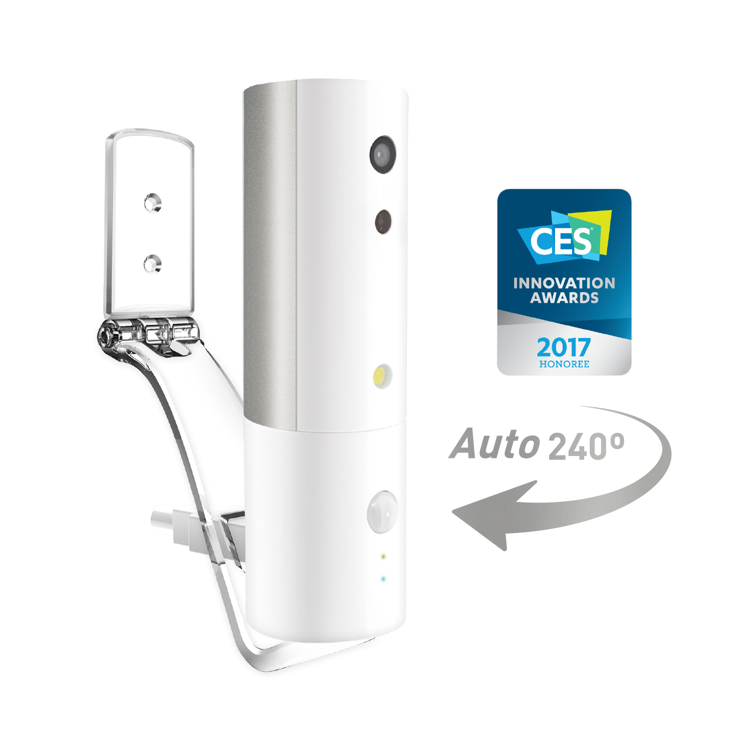 White electronic device with a CES Innovation Award badge on a white background