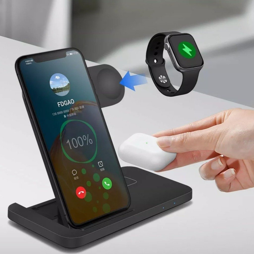 Wireless charging stand with smartphone, smartwatch, and mouse on a light gray background