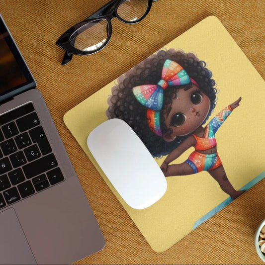 Mouse pad with a colorful illustration of a girl on a desk with a laptop and glasses. Best electronics online store near me. Axis-Dynamics
