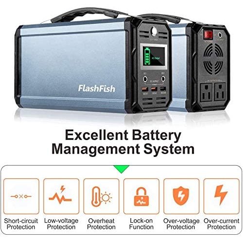 Portable power station with 'FlashFish' branding and battery management system features on a white background.