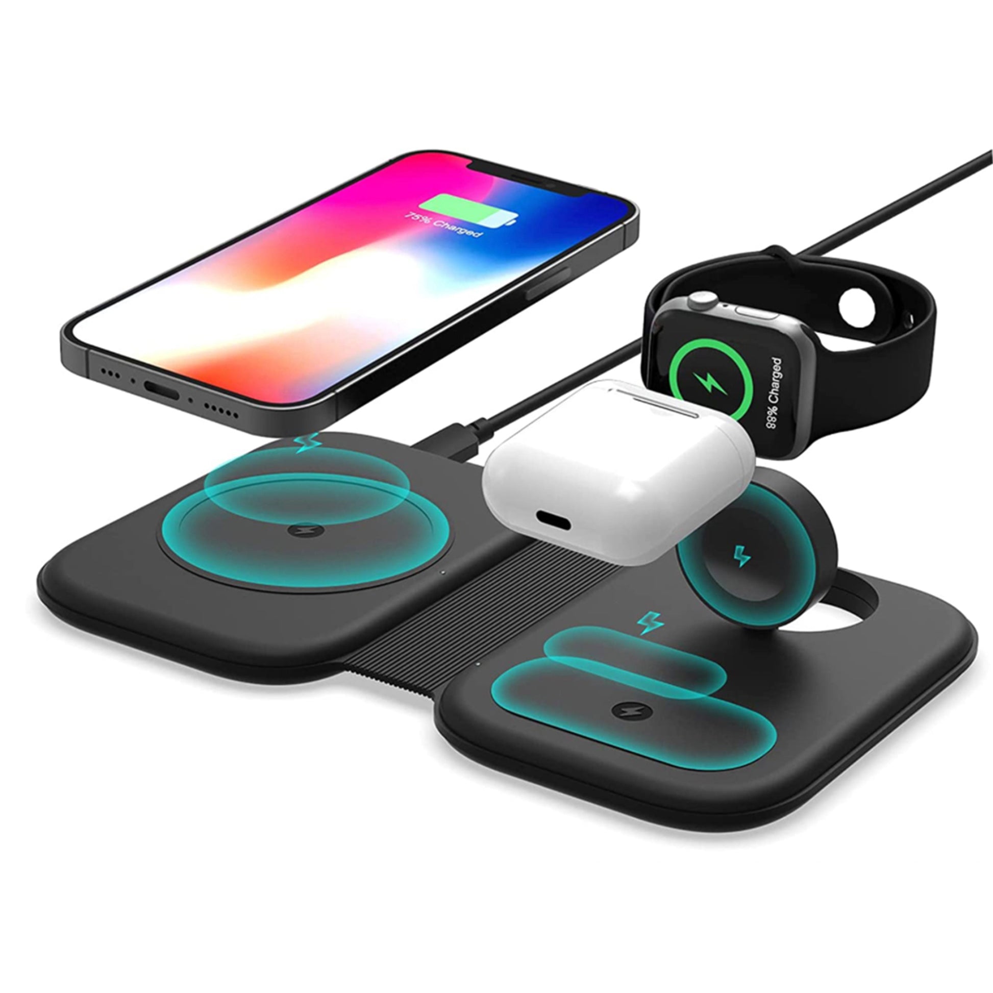 Wireless charging pad with smartphone, earbuds, and smartwatch on a white background