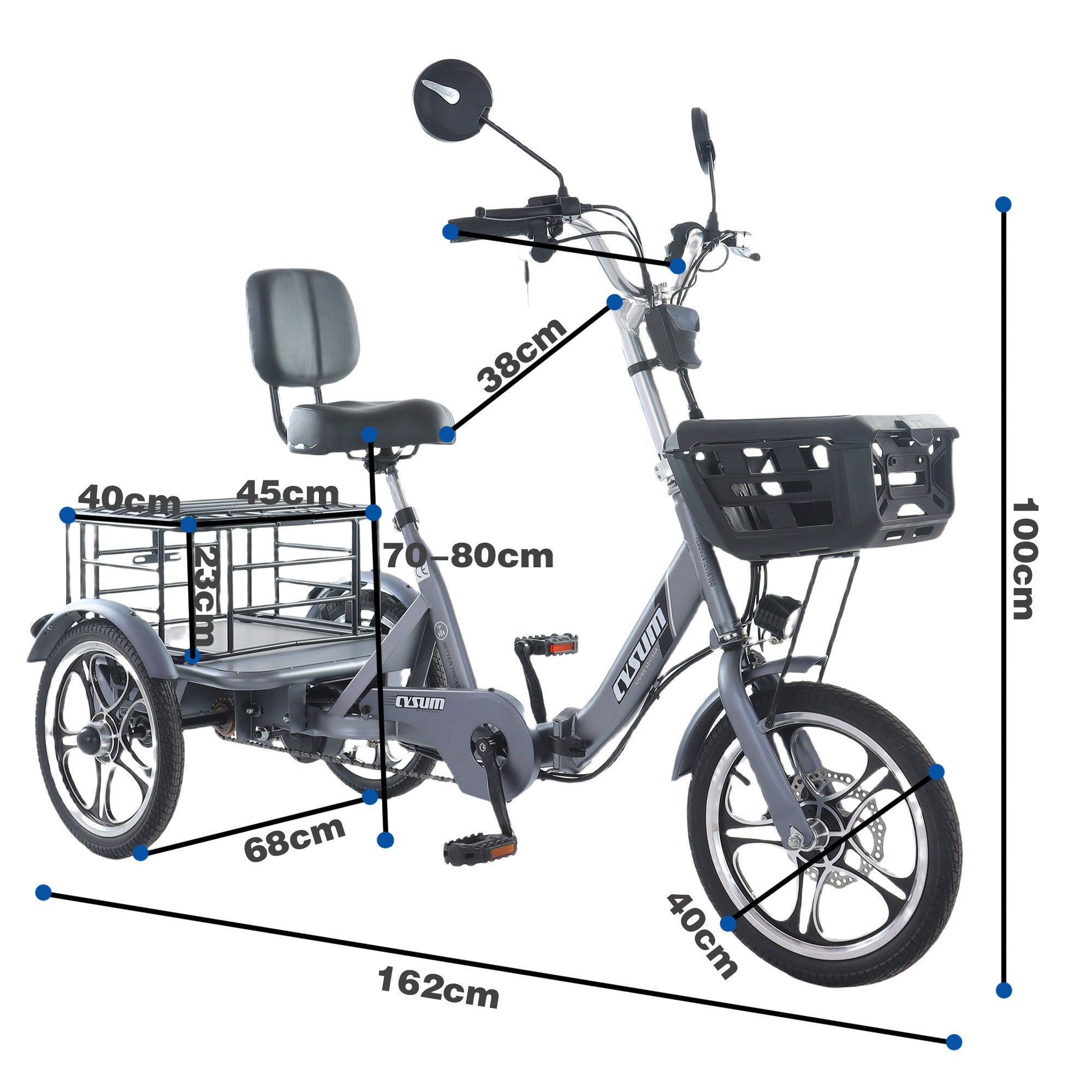 Measurement chart of a three-wheeled bike with dimensions labeled.