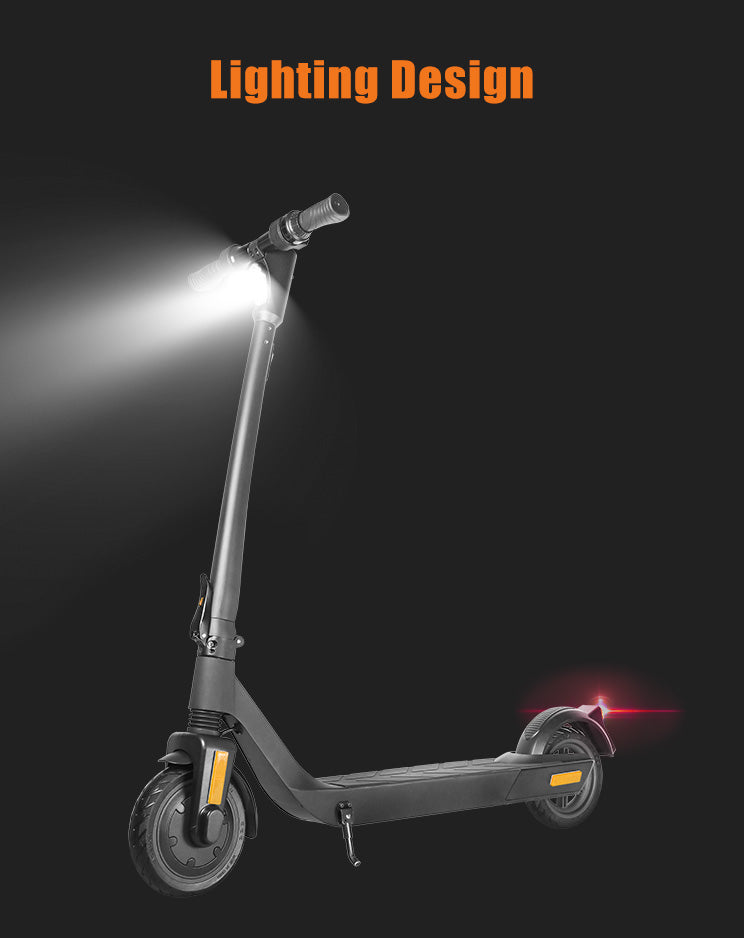 Electric scooter with headlights on a dark background, labeled 'Lighting Design'.
