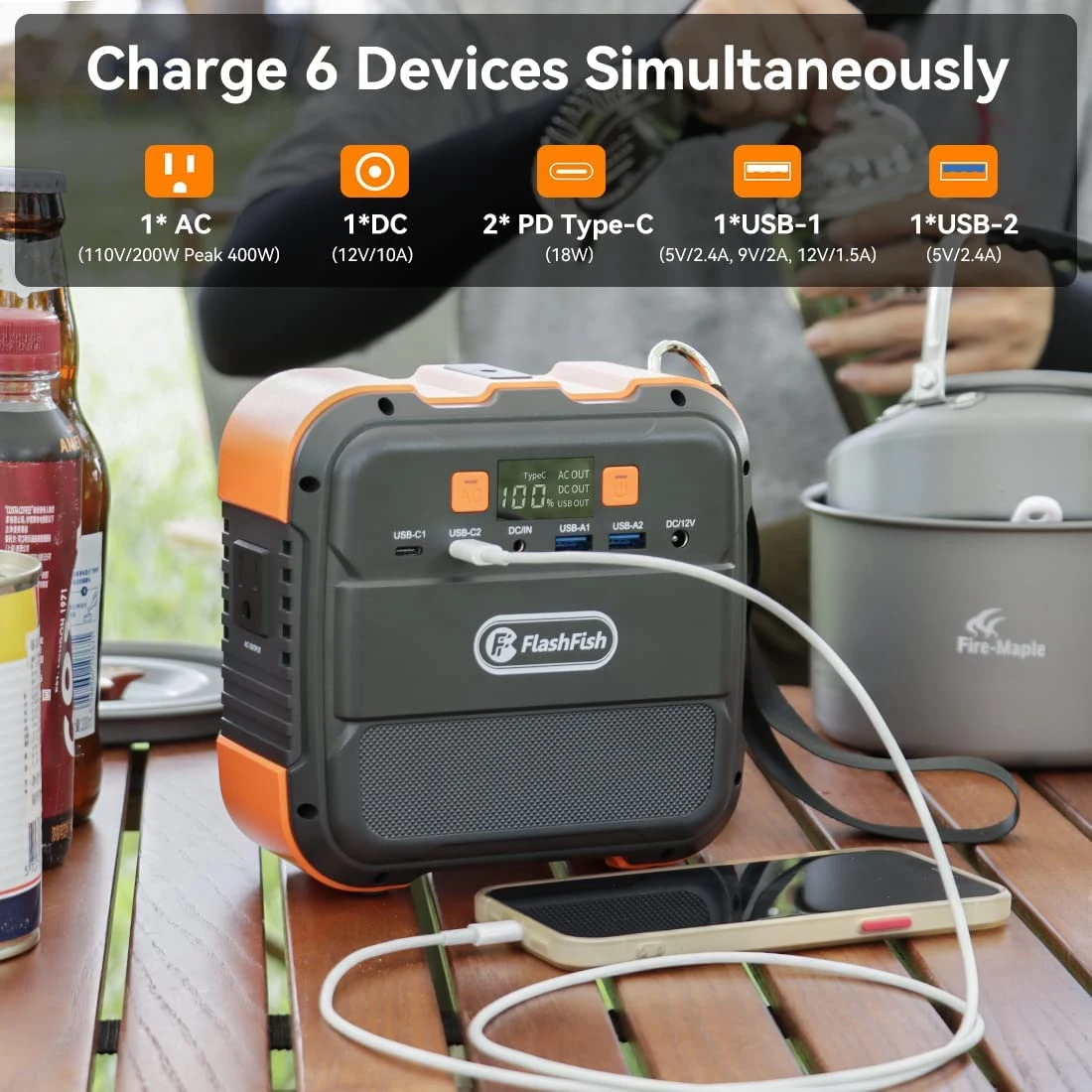 Portable power station with multiple charging ports on a picnic table