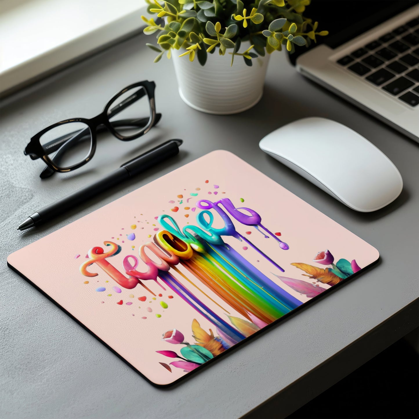 Colorful 'Teacher' mouse pad on a desk with a laptop, mouse, and glasses. magnetic switch rapid trigger gaming keyboard. Axis-Dynamics