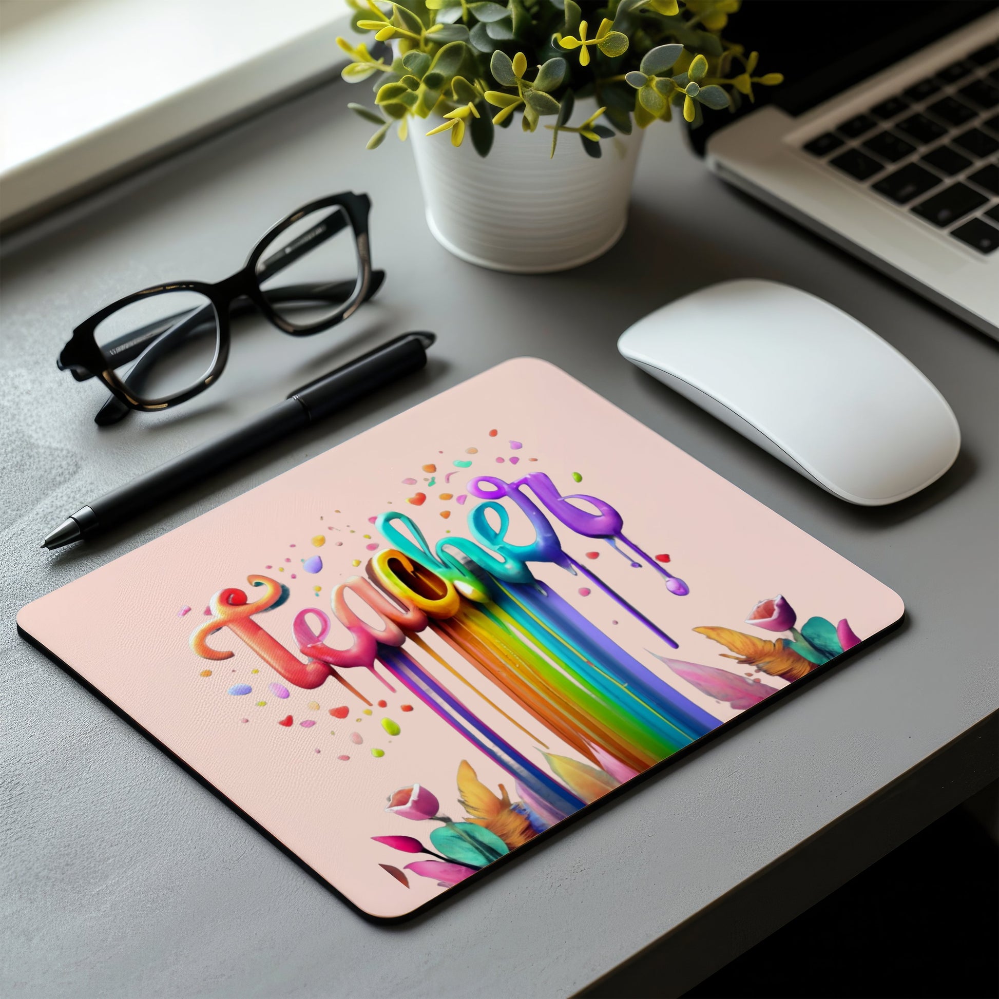 Colorful 'Teacher' mouse pad on a desk with a laptop, mouse, and glasses. magnetic switch rapid trigger gaming keyboard. Axis-Dynamics