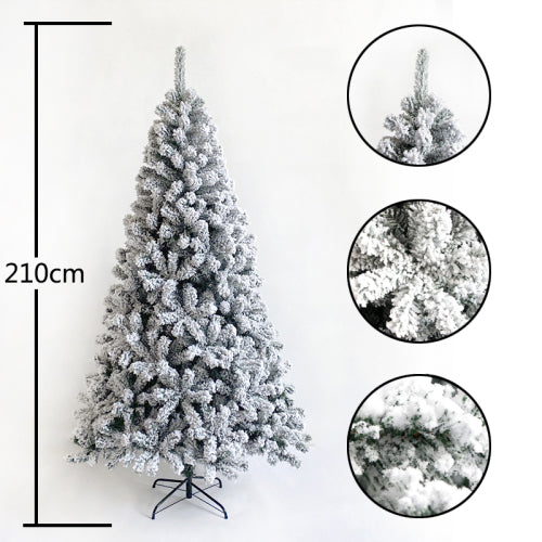 Frosted artificial Christmas tree with detailed close-ups and measurement on a white background