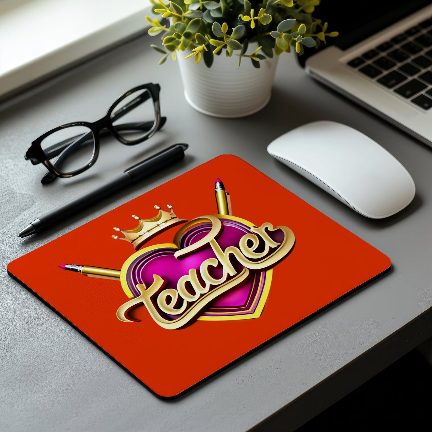 Mouse pad with 'Teacher' design on a desk with glasses, pen, mouse, and plant. multi device wireless keyboard and mouse combo. Axis-Dynamics