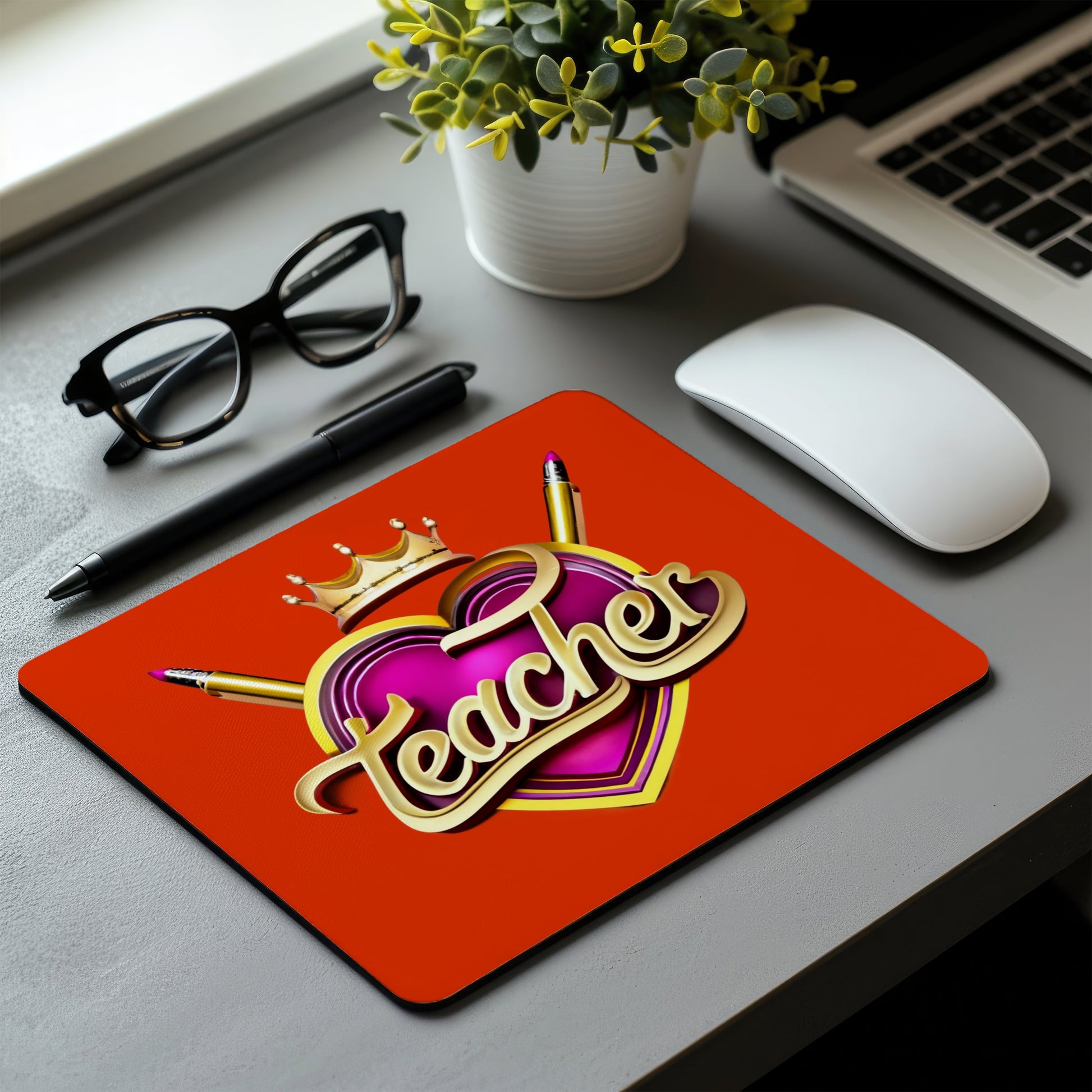 Mouse pad with 'Teacher' design on a desk with glasses, pen, mouse, and plant. multi device wireless keyboard and mouse combo. Axis-Dynamics