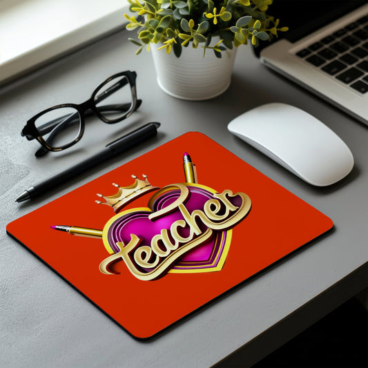 Mouse pad with 'Teacher' design on a desk with glasses, pen, mouse, and plant. multi device wireless keyboard and mouse combo. Axis-Dynamics