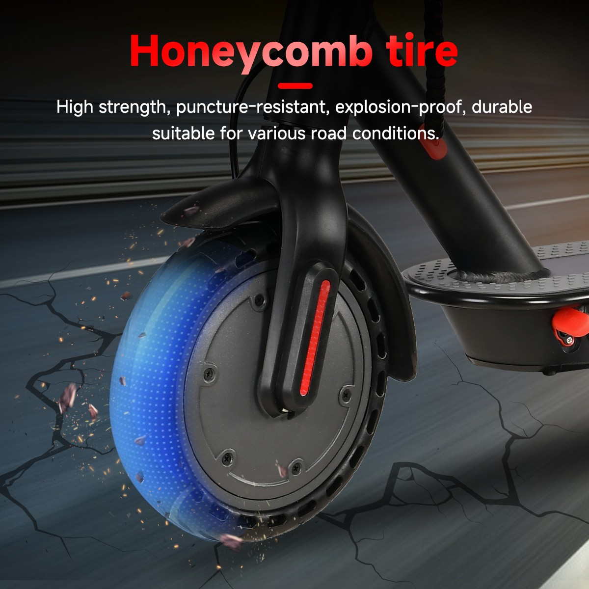 Electric scooter with a blue honeycomb tire on a dark background