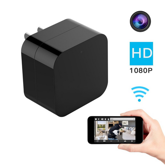 Black wall adapter with camera, smartphone displaying video feed, and 1080P HD indicator on a white background.