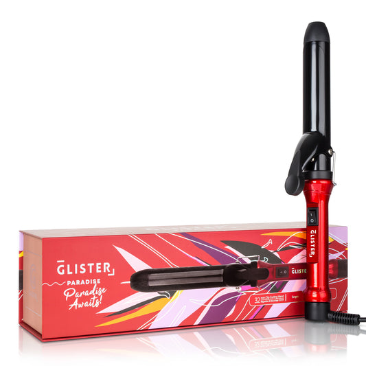 Red and black hair curling iron with Glisten packaging on a white background.  Best online retail store. Axis-Dynamics
