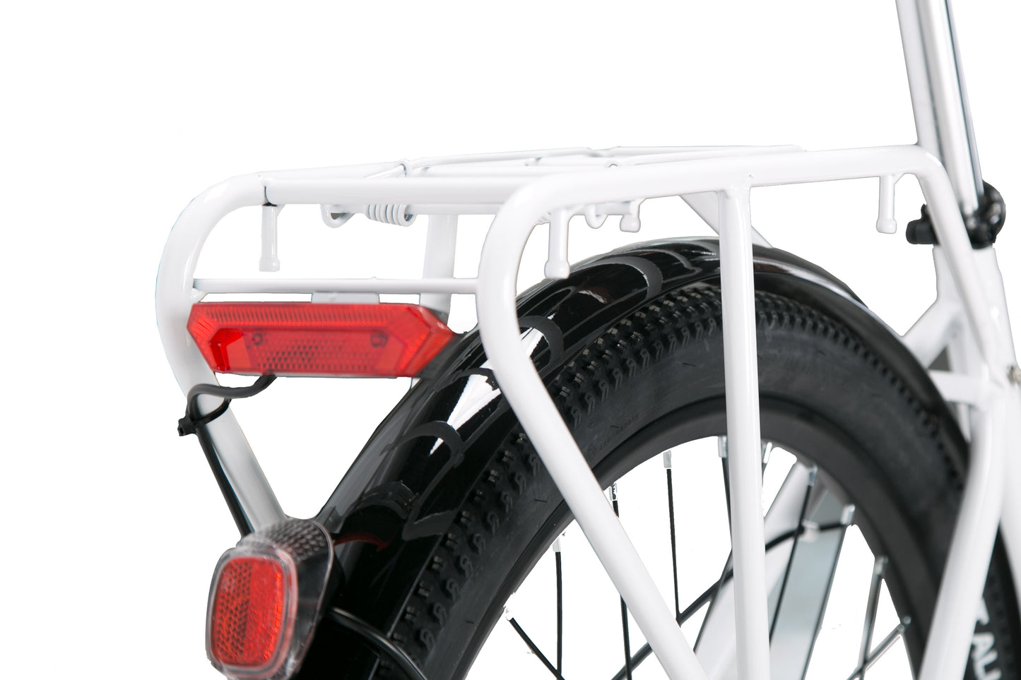 Close-up of a bicycle's rear wheel with a white frame and red reflector on a white background