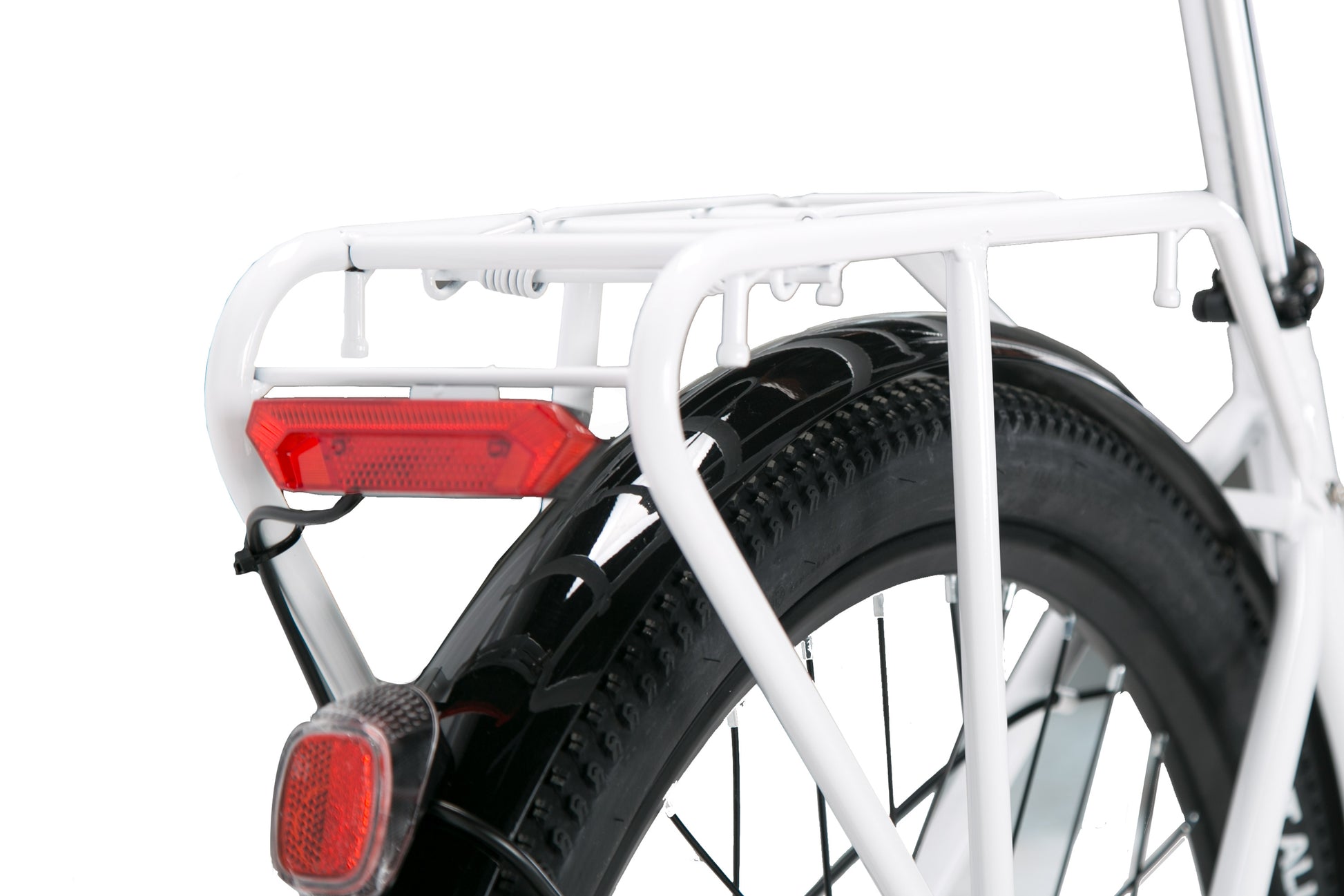 Close-up of a bicycle's rear wheel with a white frame and red reflector on a white background