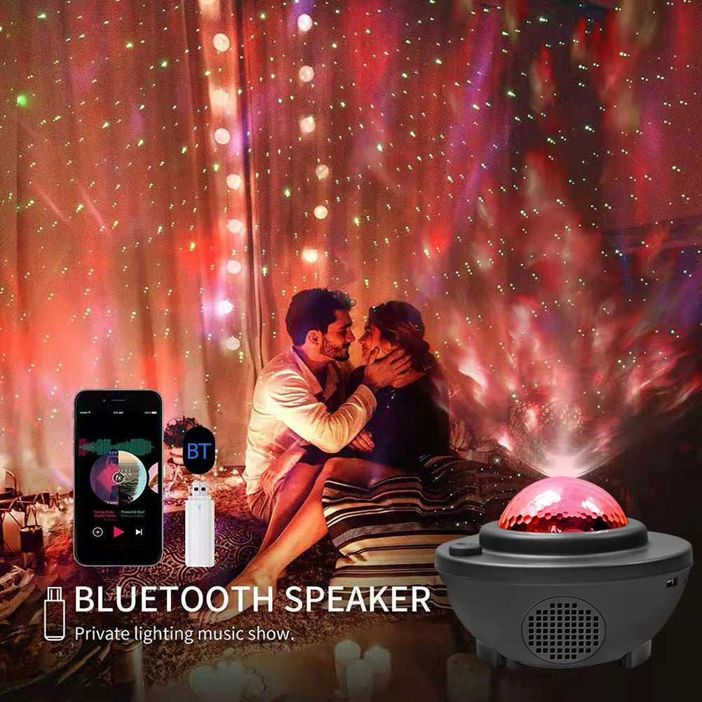 Couple sitting together with a Bluetooth speaker and starry light projector in a romantic setting.