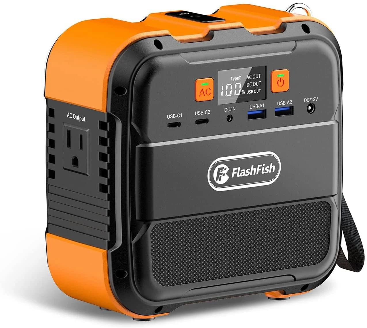 Portable power station with orange and black design, featuring the FlashFish brand.  portable power station