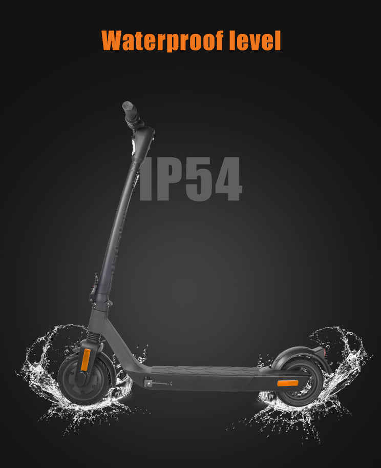 Electric scooter with water splashes on a black background, indicating waterproof level IP54.