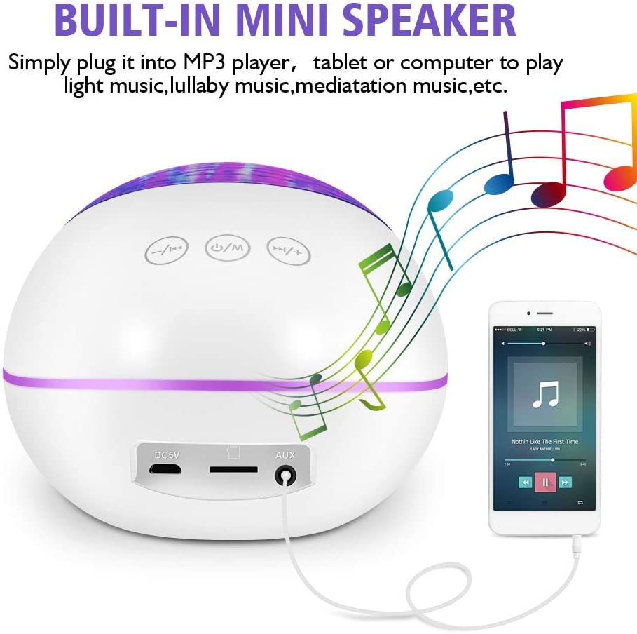 White diffuser with colorful music notes and smartphone displaying music app on a white background