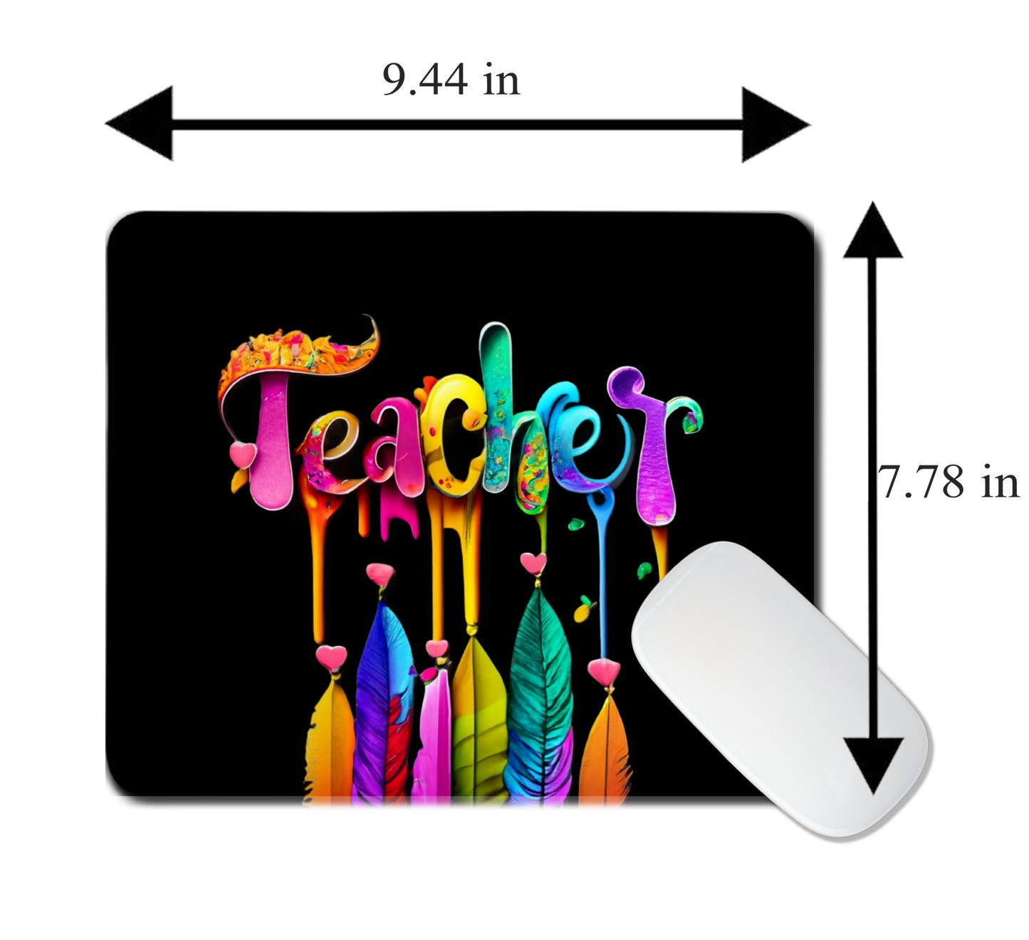 Colorful 'Teacher' design mouse pad with dimensions indicated. Best electronics online store near me. Axis-Dynamics