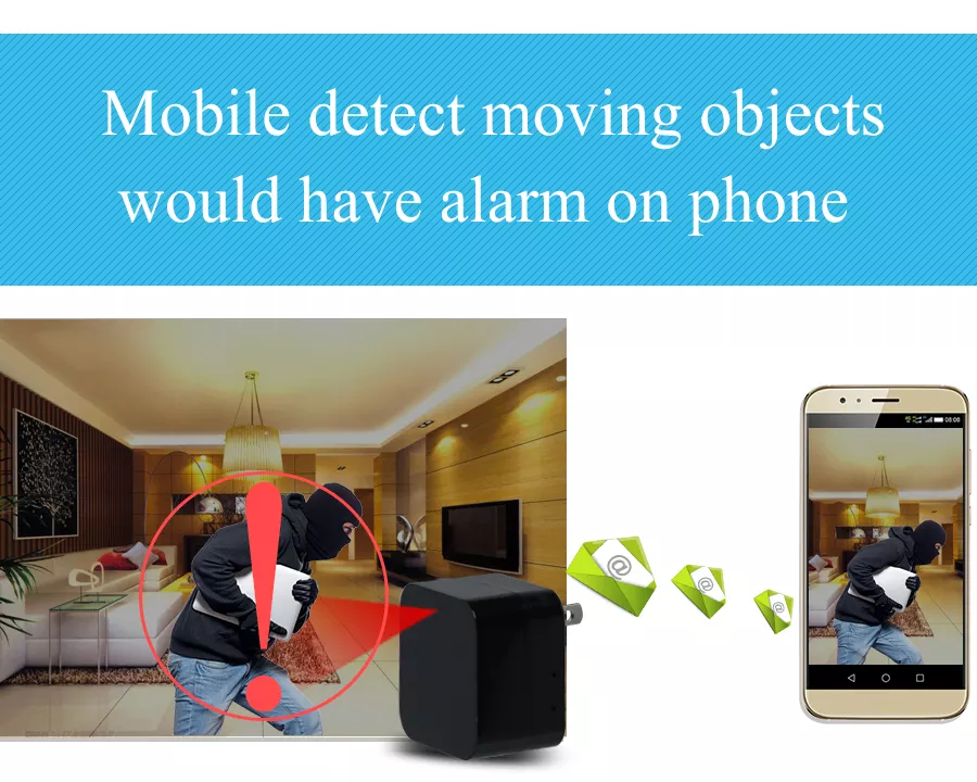 Security device with smartphone app showing a person in a room, text 'Mobile detect moving objects would have alarm on phone'.