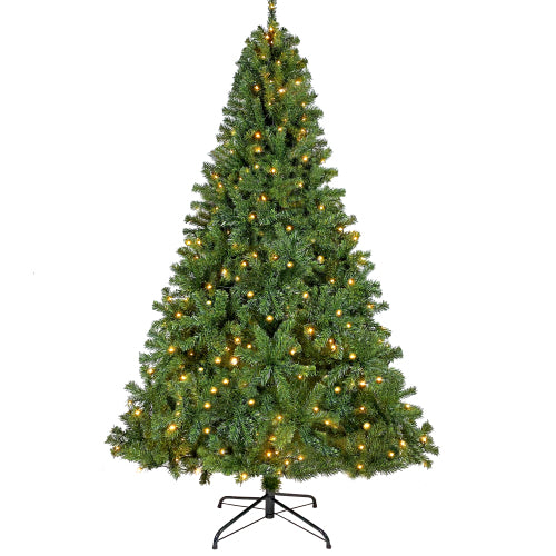 Pre-lit Christmas tree with green needles and white lights on a white background