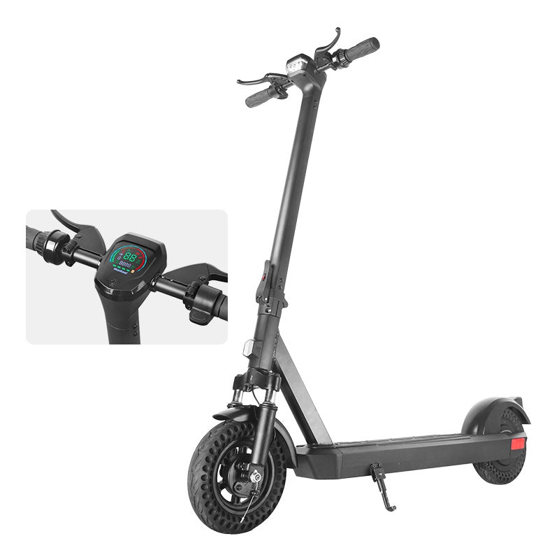 Black electric scooter with close-up of handlebar control on a white background