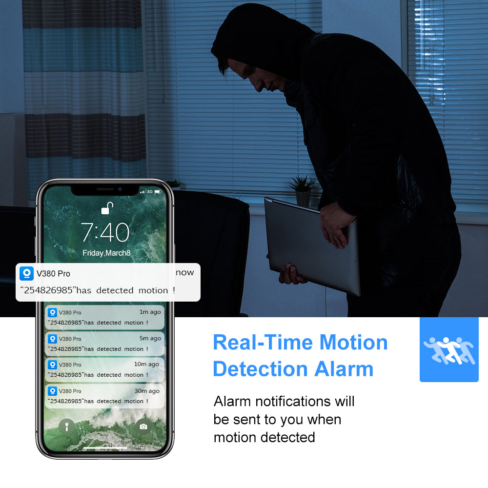 Person using a smartphone with real-time motion detection alarm app, showing motion detection notifications.