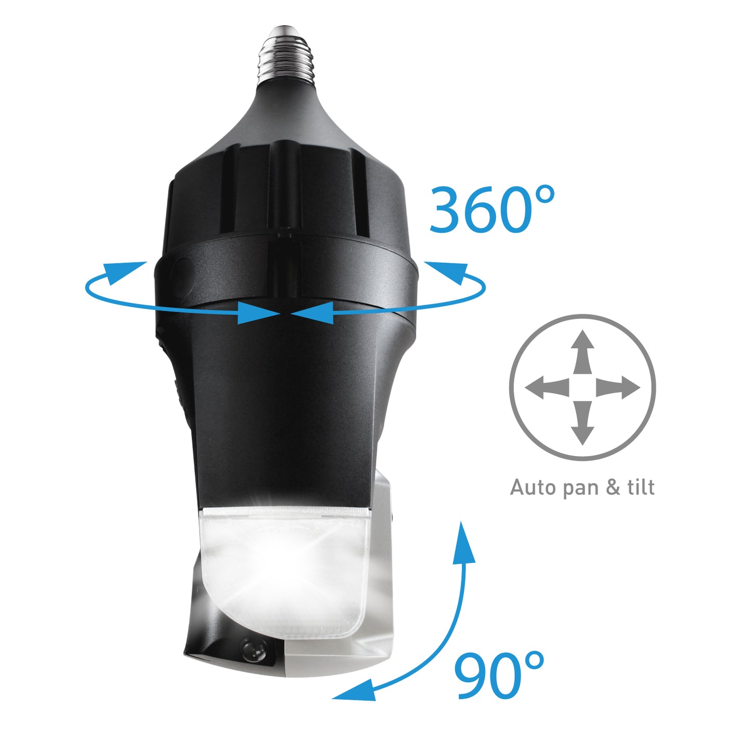 Black security camera with pan and tilt features on a white background