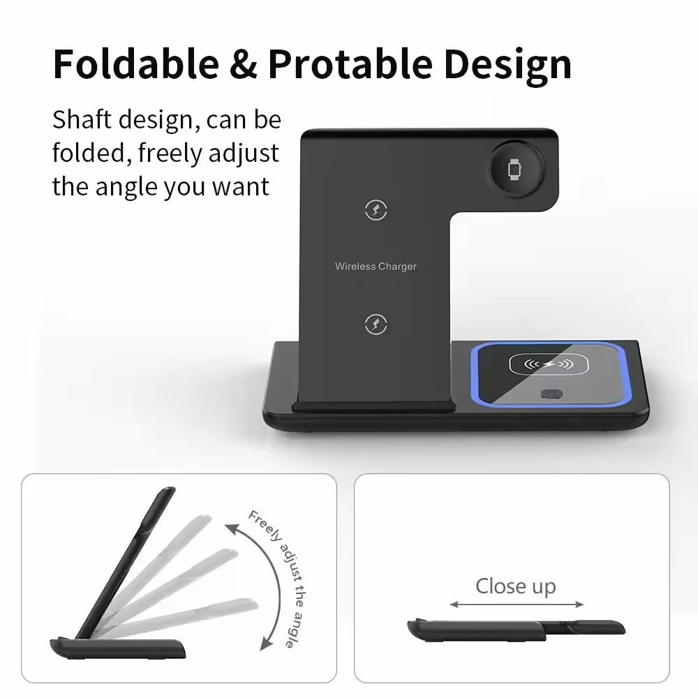 Foldable and portable wireless charger with adjustable angle design on a white background