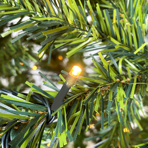 Close-up of a Christmas tree with lights and greenery