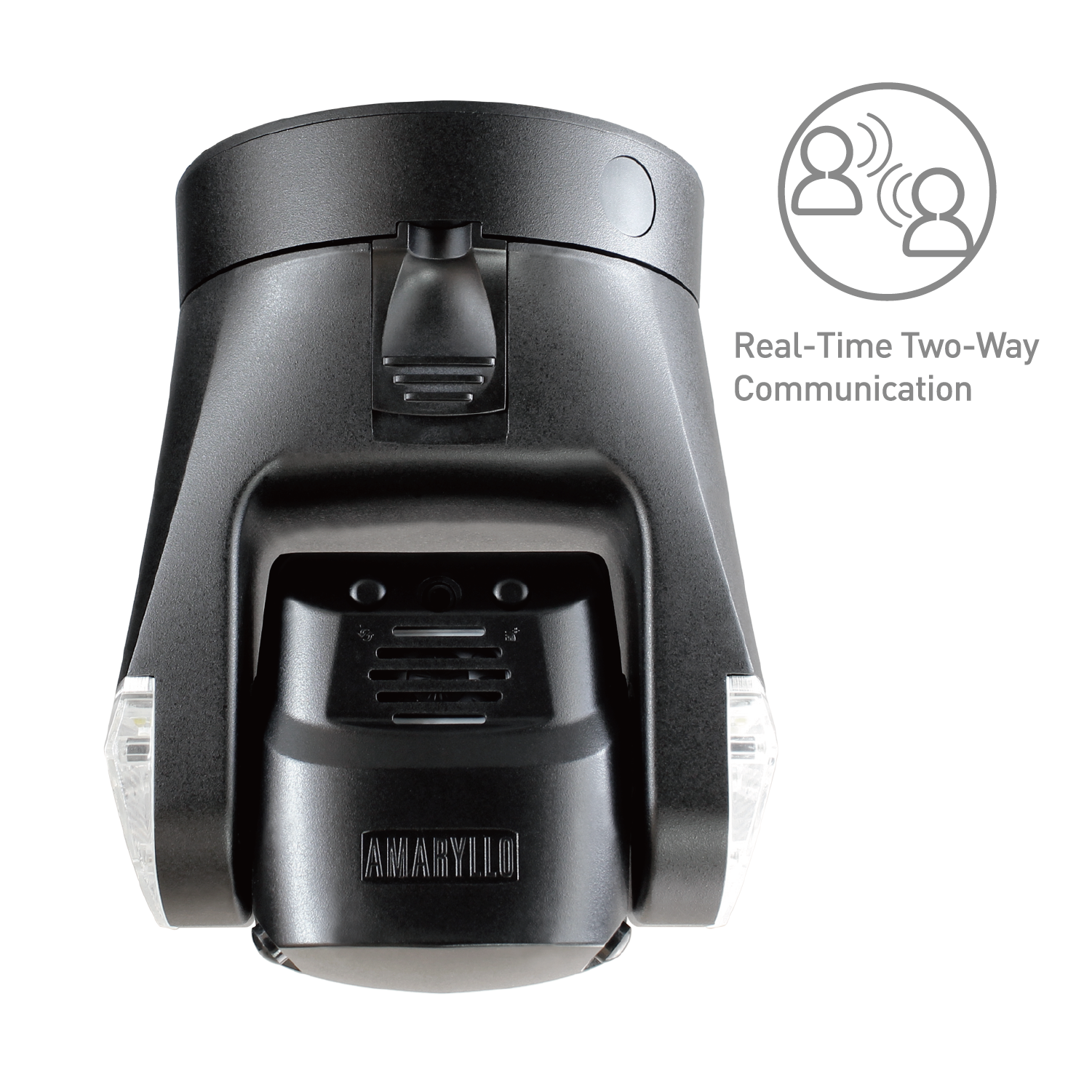 Black security camera with 'Real-Time Two-Way Communication' text and icon on a white background
