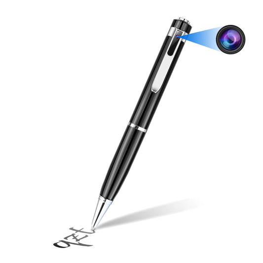 Black pen with a camera lens on a white background