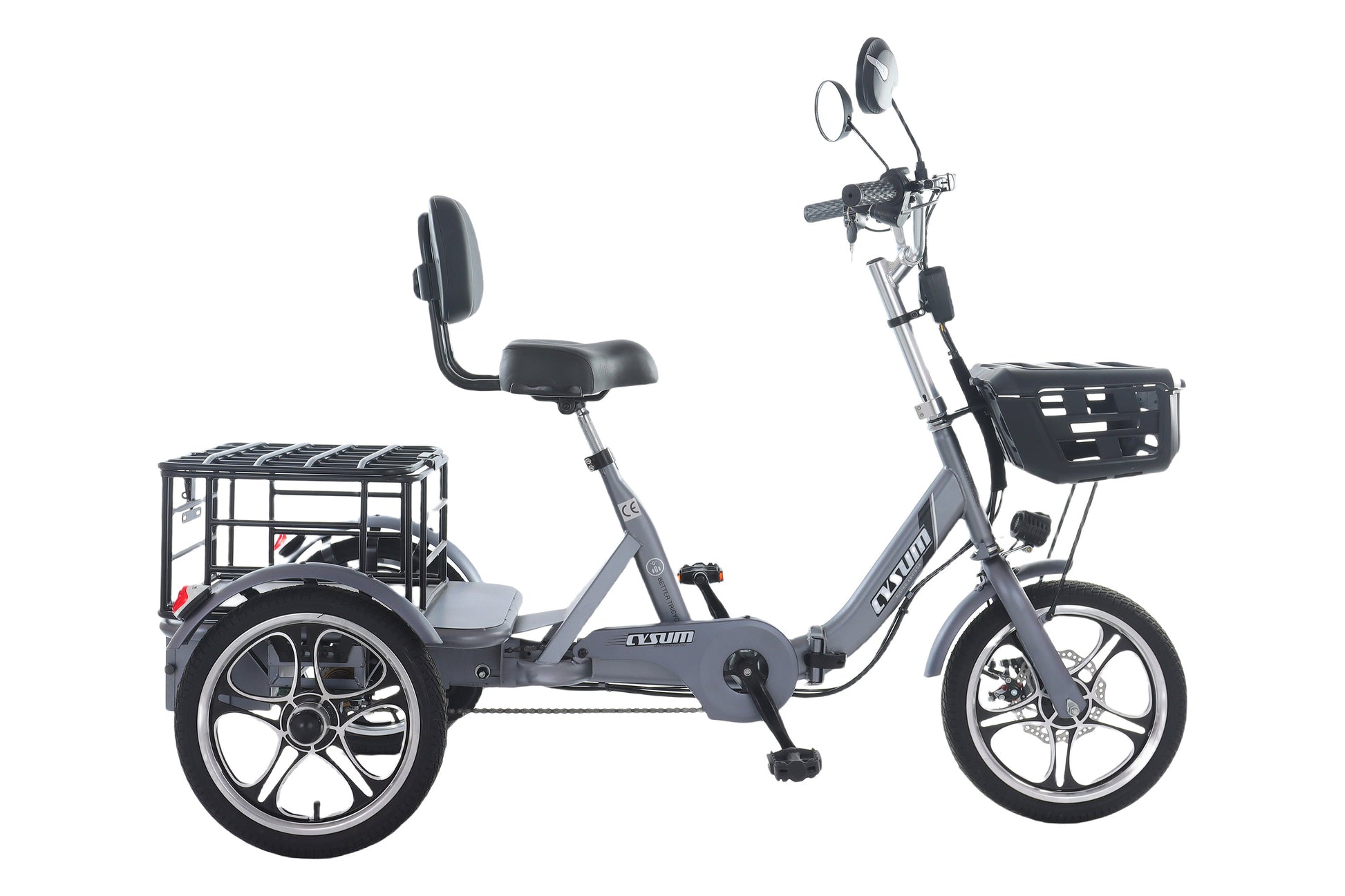 Gray tricycle with a basket on a white background