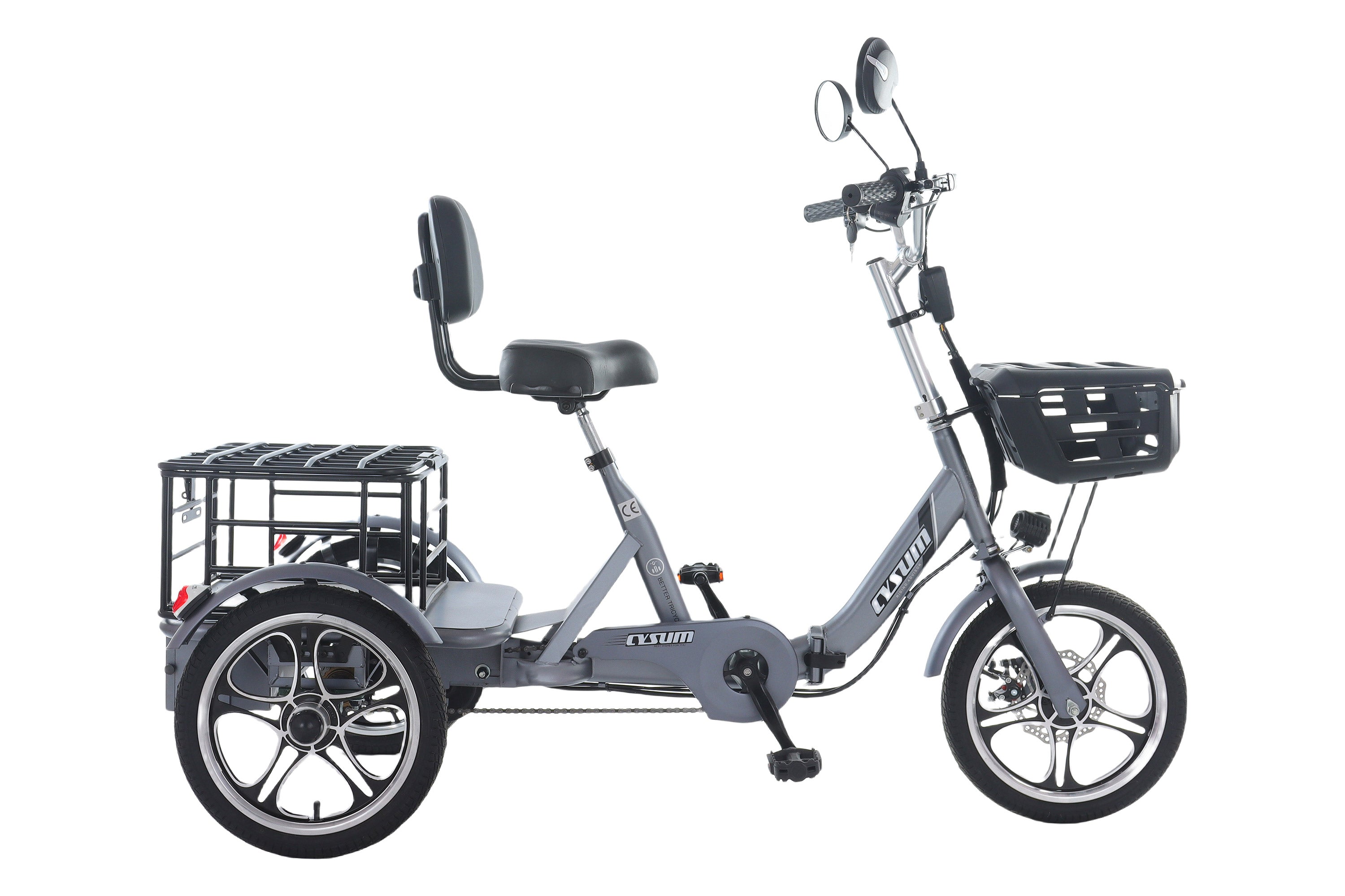 Gray tricycle with a basket on a white background